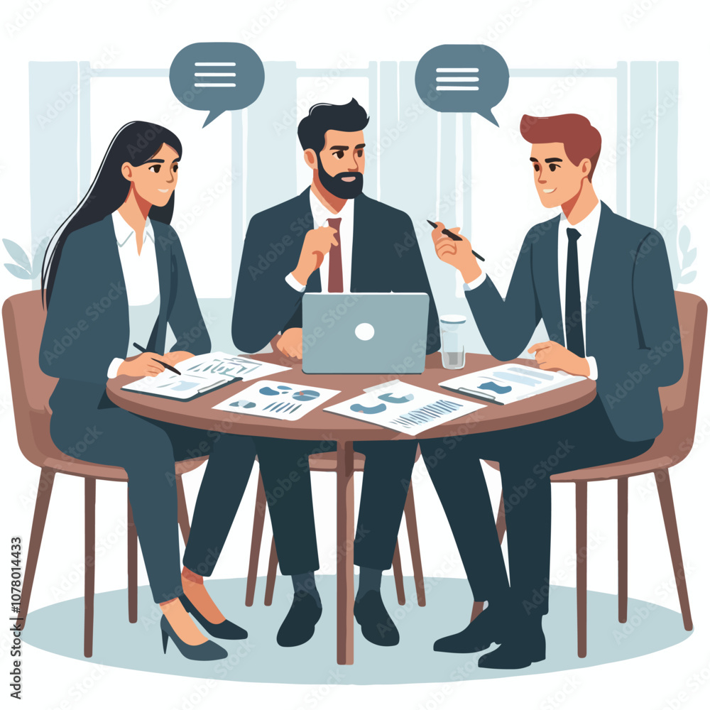 Obraz premium Partners meeting for business discussion with documents and laptop on desk. Couple at round table, speaking, discussing work, partnership. Flat vector on a white background