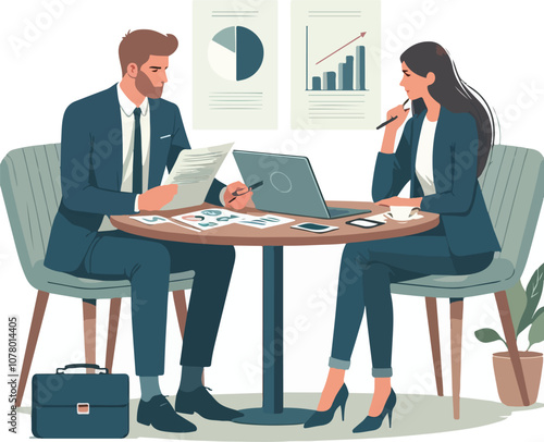 Partners meeting for business discussion with documents and laptop on desk. Couple at round table, speaking, discussing work, partnership. Flat vector on a white background