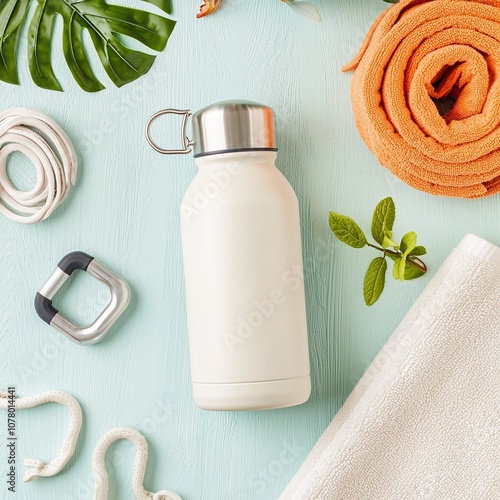 A sleek, white stainless steel water bottle surrounded by a towel, fitness bands, and greenery, ideal for gym enthusiasts and hydration. photo