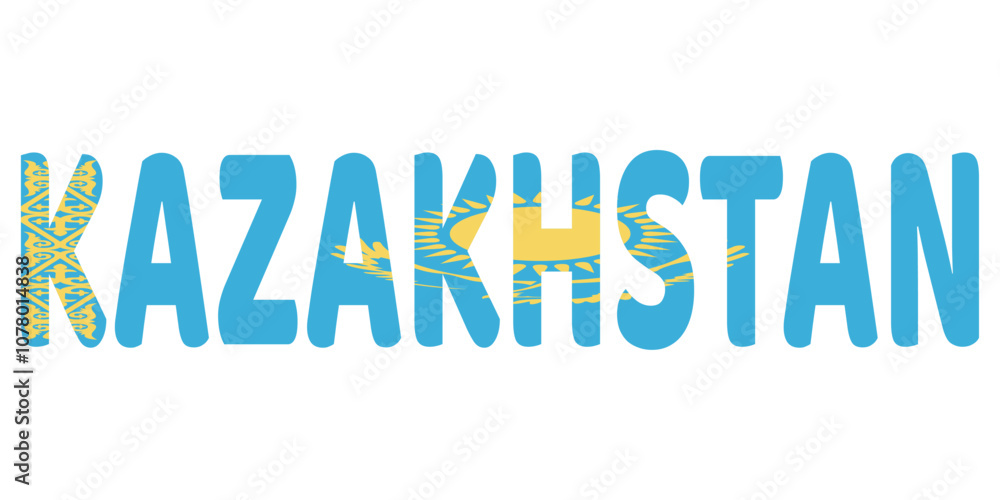 The country name KAZAKHSTAN is displayed in large, bold letters. Each letter is filled with the colors and symbols of the Kazakhstani flag. The country name KAZAKHSTAN is displayed in large, bold letters. Each letter is filled with the colors and symbols of the Kazakhstani flag.