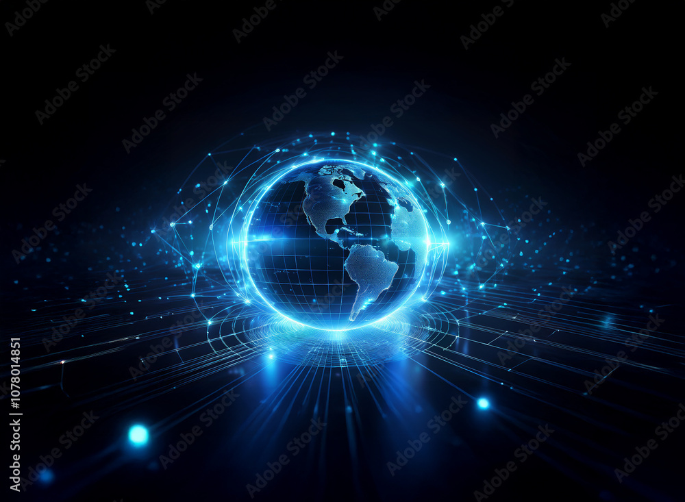 Obraz premium A glowing blue digital earth surrounded by lines of data and light in a dark background.
