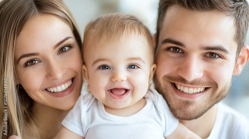A joyful family portrait featuring a smiling couple and their adorable baby, showcasing happiness and love. A joyful family portrait featuring a smiling couple and their adorable baby, showcasing happiness and love.