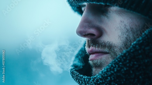 Man Exhaling in Cold Weather.