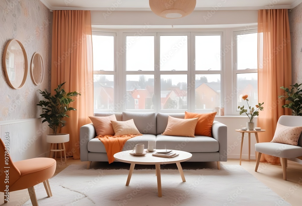Scandinavian living room interior design zoom background,Doodle patterned wallpaper graphics Scandinavian living room interior design zoom background,Doodle patterned wallpaper graphics