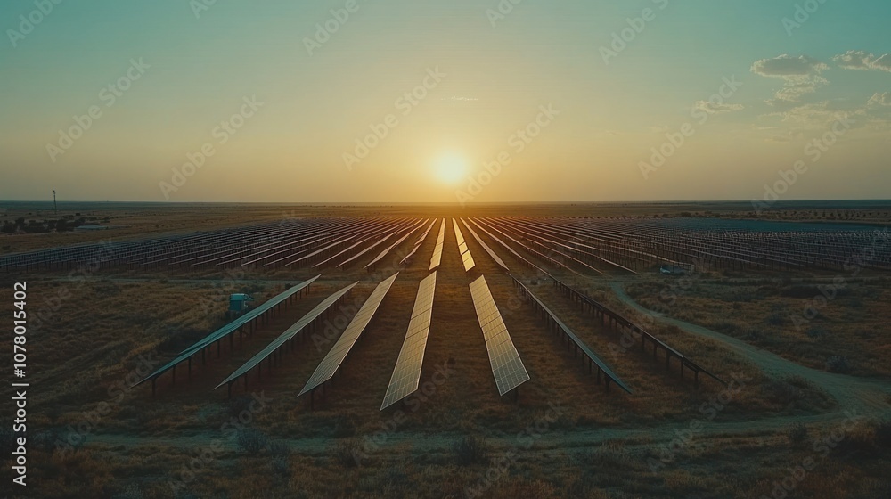 Aerial view of a large solar farm at sunset with the sun setting in the distance. Aerial view of a large solar farm at sunset with the sun setting in the distance.