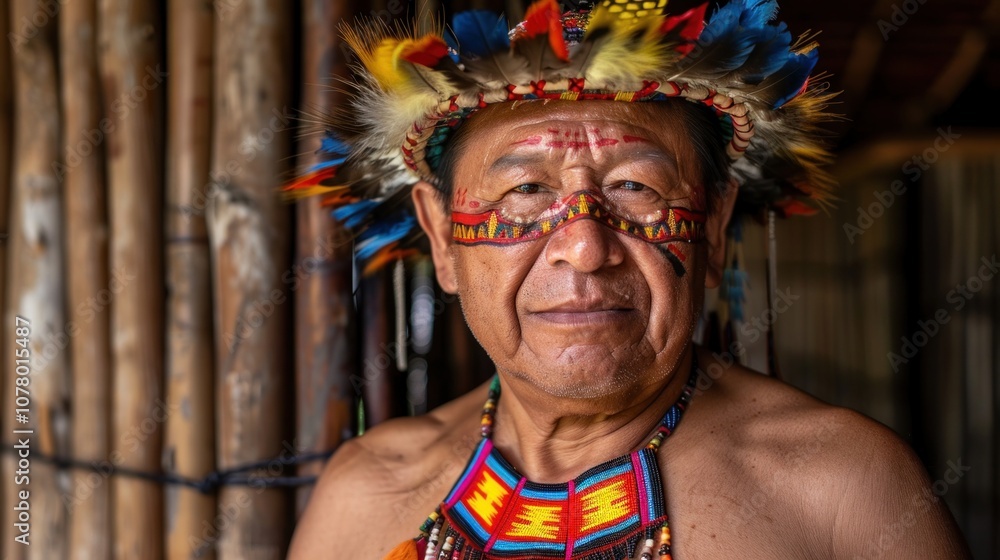 Obraz premium A proud Native American man stands in ceremonial attire, adorned with a beaded chest piece and feathered headdress against a neutral backdrop