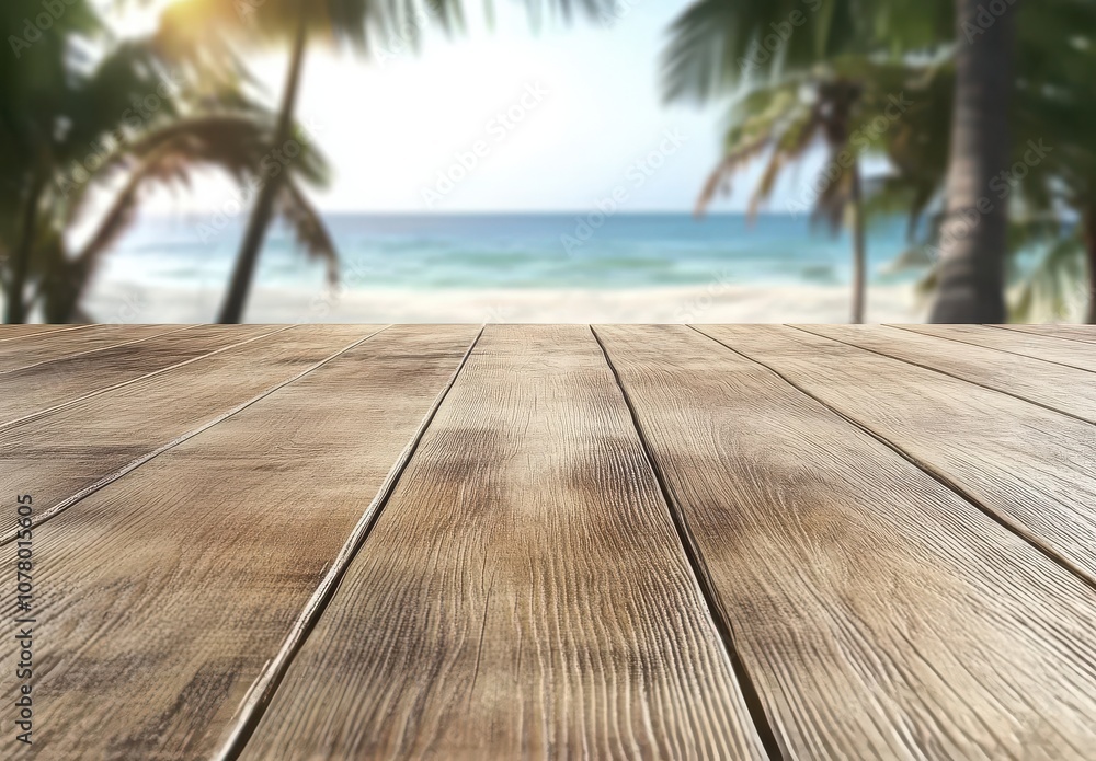 Wooden Table with Blurred Beach and Sea Background Wooden Table with Blurred Beach and Sea Background