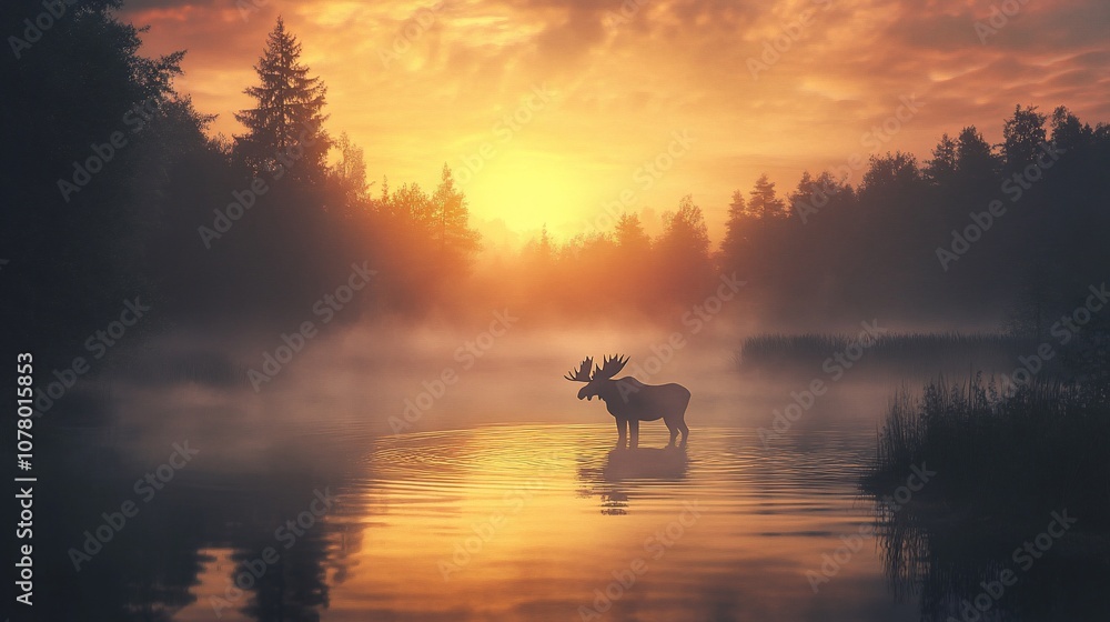 A majestic moose stands in a misty river at sunrise, its silhouette outlined against the vibrant sky. A majestic moose stands in a misty river at sunrise, its silhouette outlined against the vibrant sky.