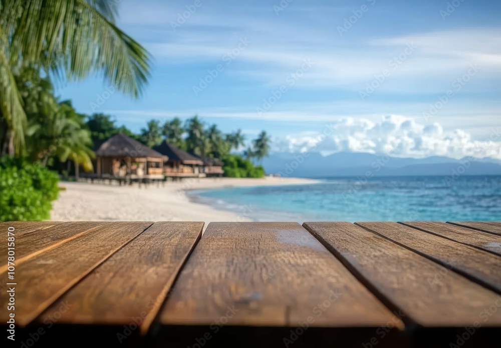 Fototapeta premium Wooden Table Overlooking Tropical Beach Scenery