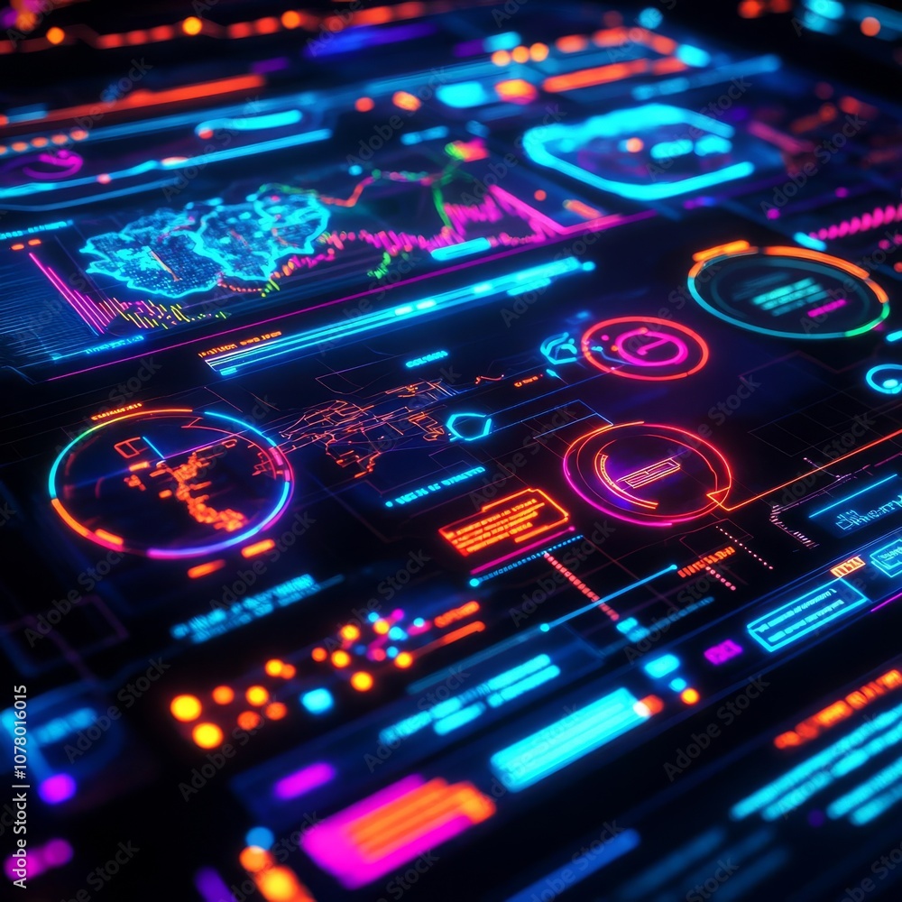 Fototapeta premium Diverse holographic map, vibrant tech connections, glowing interface