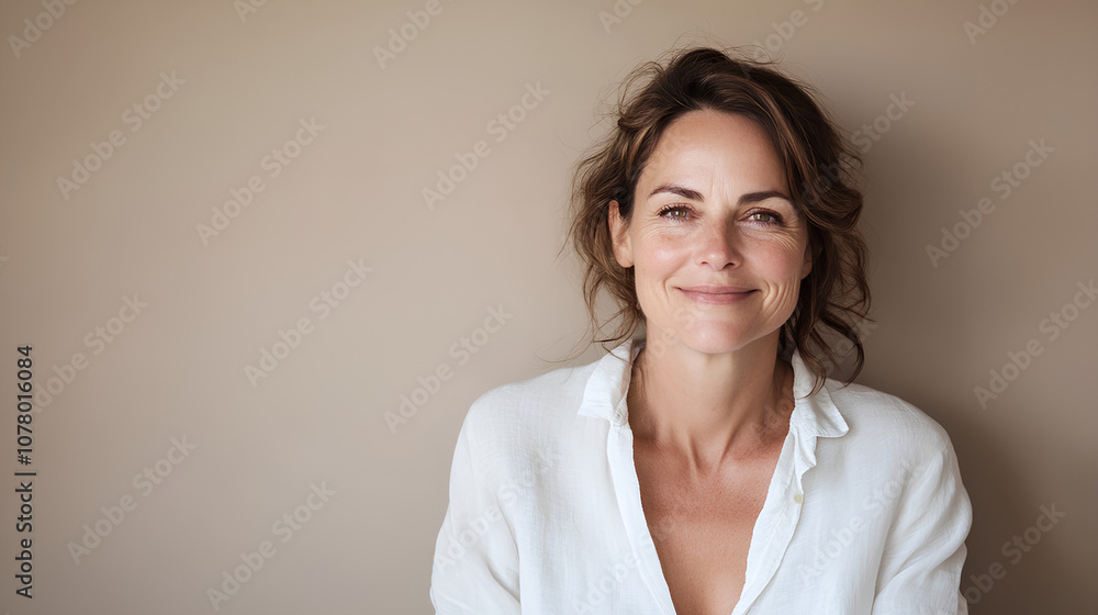 Portrait of Smiling Woman in White Shirt Against Light Beige Wall with Copy Space
Portrait of Smiling Woman in White Shirt Against Light Beige Wall with Copy Space