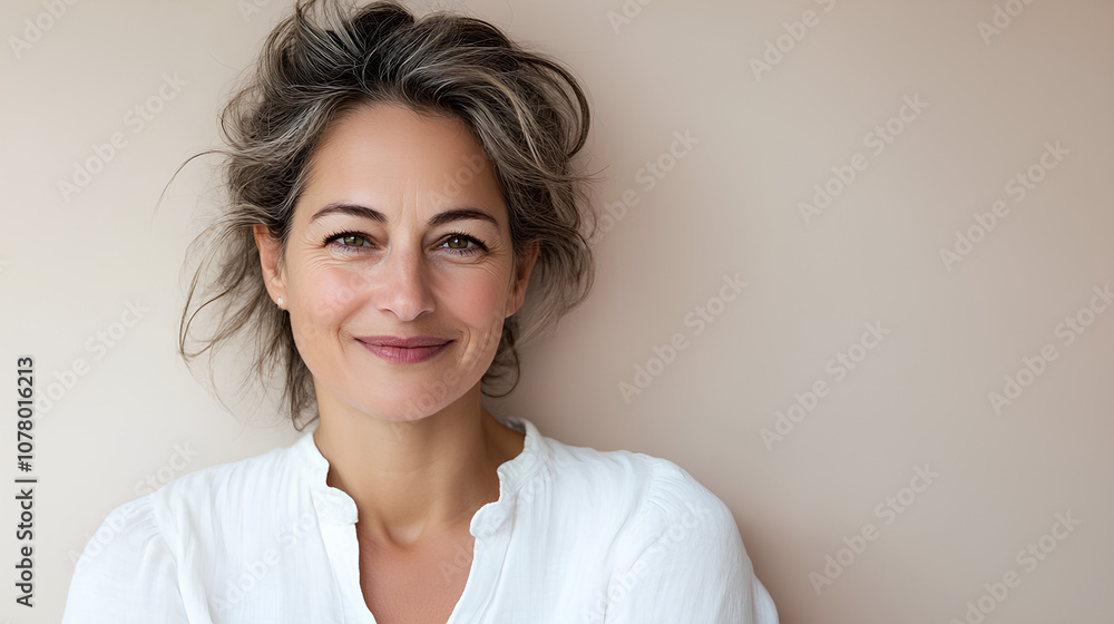 Portrait of Smiling Woman in White Shirt Against Light Beige Wall with Copy Space
Portrait of Smiling Woman in White Shirt Against Light Beige Wall with Copy Space