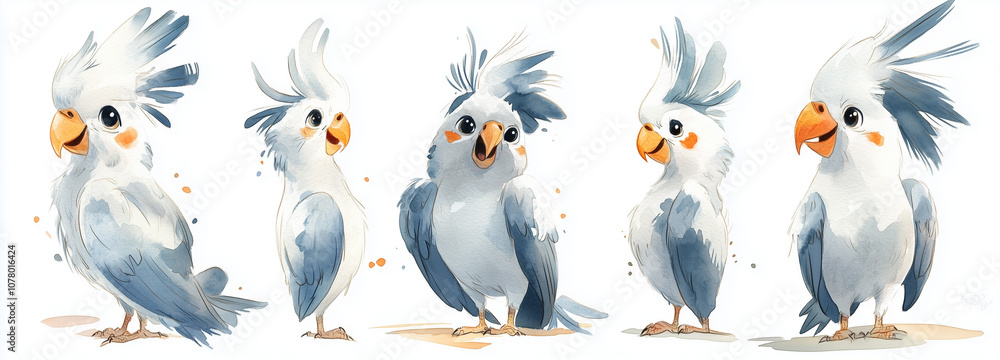 A group of playful cartoon cockatoos with bright orange and yellow crest feathers showcases different poses and expressions on a plain white background, conveying a sense of personality and charm. A group of playful cartoon cockatoos with bright orange and yellow crest feathers showcases different poses and expressions on a plain white background, conveying a sense of personality and charm.