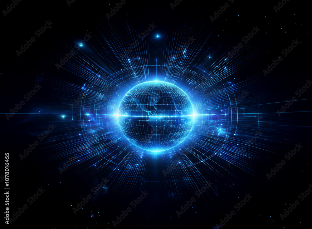 Obraz premium A glowing blue sphere resembling Earth surrounded by radiating lines and light bursts against a black background.