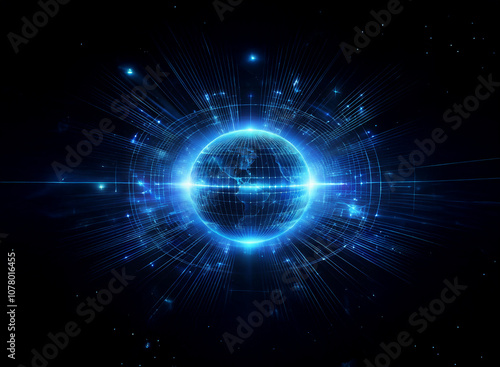 A glowing blue sphere resembling Earth surrounded by radiating lines and light bursts against a black background.