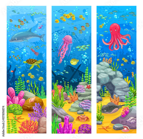 Cartoon underwater game landscape with sea fishes and ocean animals, vector background. Kid undersea game landscape with funny dolphin, octopus and jellyfish in coral reef with sunken ship boat