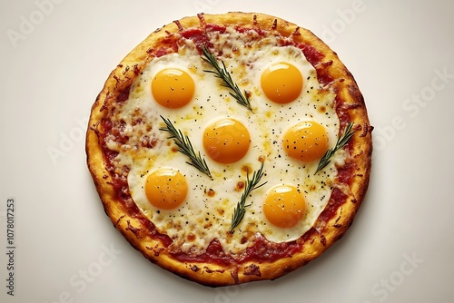 Pizza Carbonara with Bacon, Cream, Parmesan Cheese, Rucola, Tomato Sauce, Mozzarella and Raw Egg Yolk Isolated on White Background. 