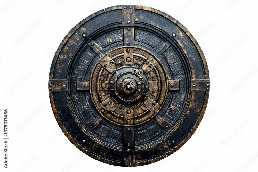 Circular metal shield with intricate design. Circular metal shield with intricate design.