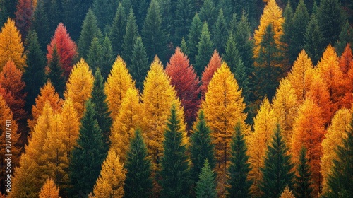 A vibrant autumn forest with a mix of green, yellow, and red trees.