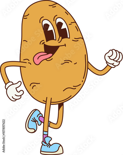 Groovy potato vegetable retro character. Isolated cartoon vector quirky ripe farm veg funky personage wearing sneakers and gloves, jogging or running with happy smiling face and sticking out tongue