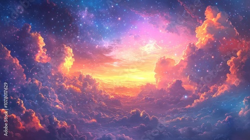 A vibrant, colorful sky with clouds and stars.