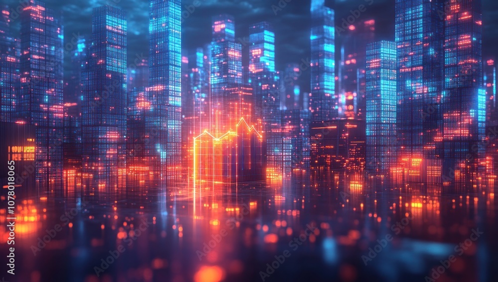 Obraz premium Neon Cityscape with Rising Graph