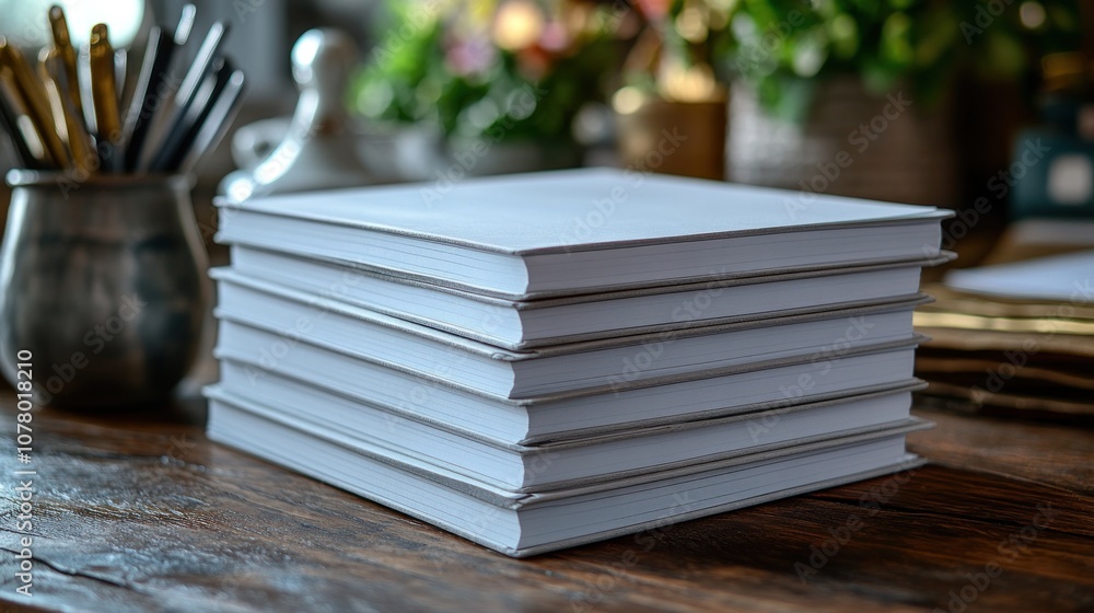 A stack of blank books on a wooden table, ready for writing. A stack of blank books on a wooden table, ready for writing.