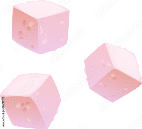 Tropical sugar cubes. Cartoon vector three cubic pieces floating in the air. Essential ingredient for tea, coffee, drinks, food and beverage sweeten. Sweet sugar cubes, dessert or candy