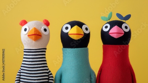 Three Stuffed Animals Against a Yellow Background.
