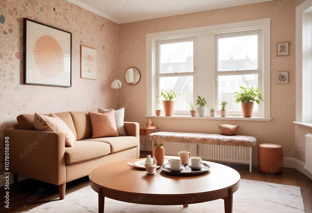 Scandinavian living room interior design zoom background,Doodle patterned wallpaper graphics Scandinavian living room interior design zoom background,Doodle patterned wallpaper graphics