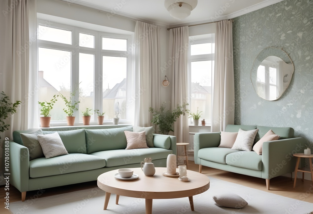 Scandinavian living room interior design zoom background,Doodle patterned wallpaper graphics Scandinavian living room interior design zoom background,Doodle patterned wallpaper graphics