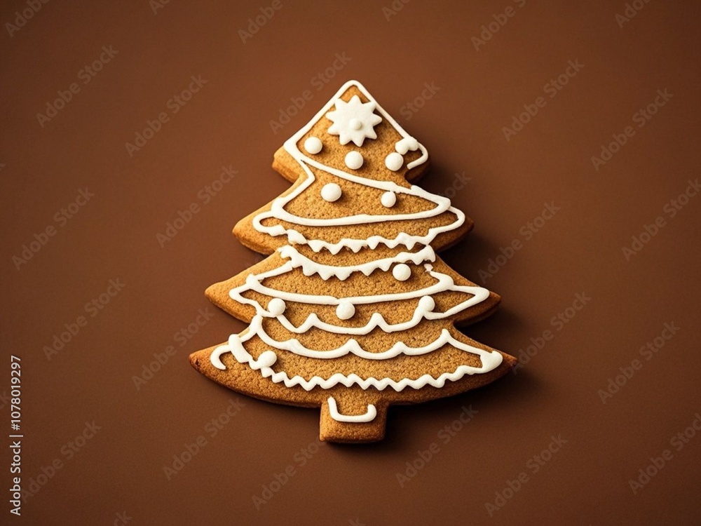 Cookies in shaped of Christmas tree on brown background. Xmas festive greeting card. Holiday traditional food. Top view.