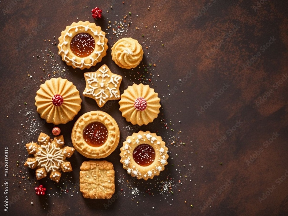 Christmas holidays homemade cookies arranged as tree on dark brown background. top view with copy space