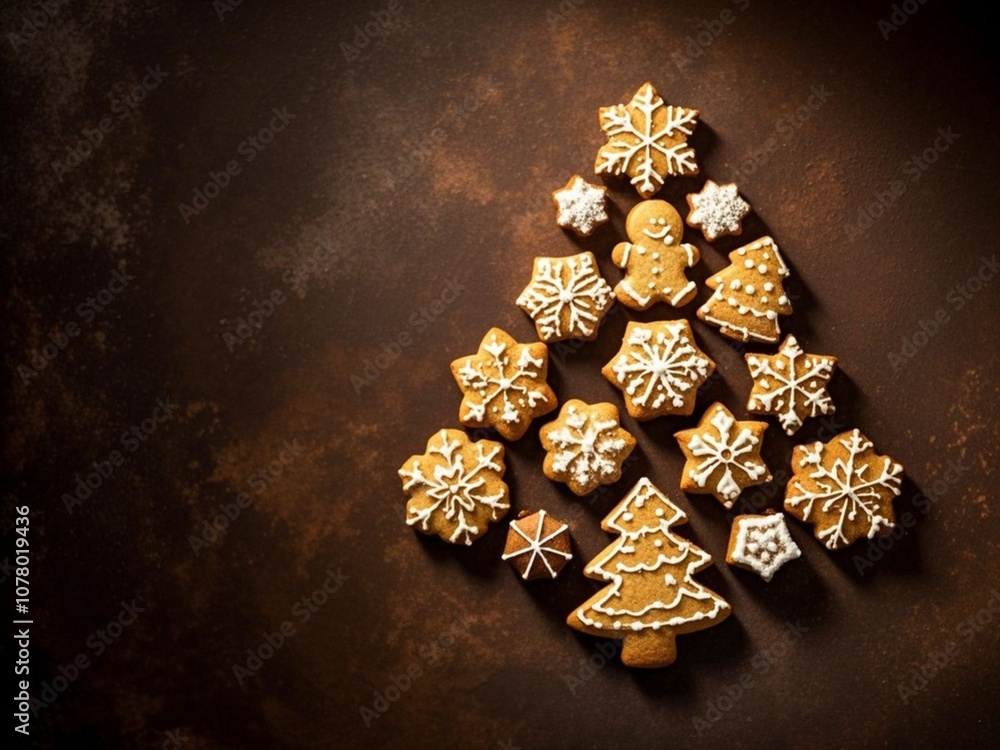 Christmas holidays homemade cookies arranged as tree on dark brown background. top view with copy space