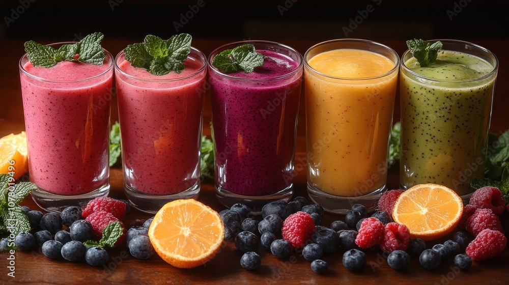 Colorful smoothies in glasses, garnished with mint leaves. Colorful smoothies in glasses, garnished with mint leaves.