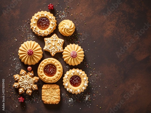 Obraz na płótnie Christmas holidays homemade cookies arranged as tree on dark brown background. top view with copy space w salonie