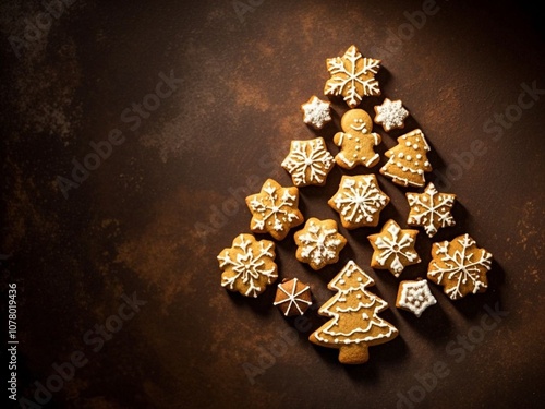 Obraz na płótnie Christmas holidays homemade cookies arranged as tree on dark brown background. top view with copy space w salonie