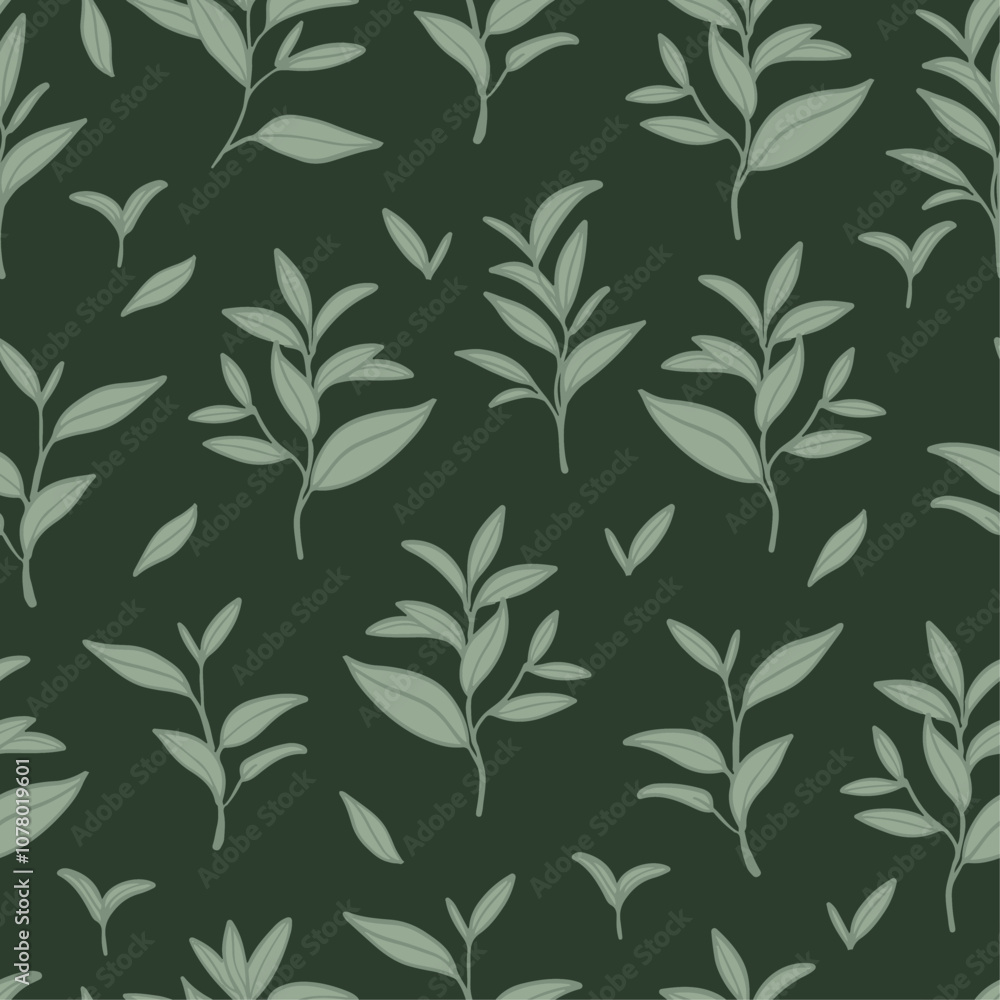 Naklejka premium Green tea leaves seamless pattern. Hand drawn branches and leaves on green background.