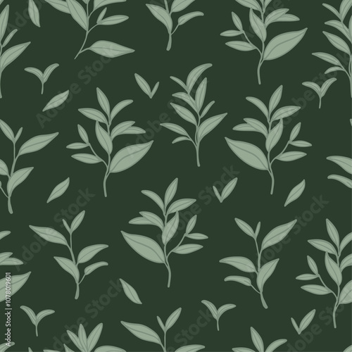 Green tea leaves seamless pattern. Hand drawn branches and leaves on green background.
