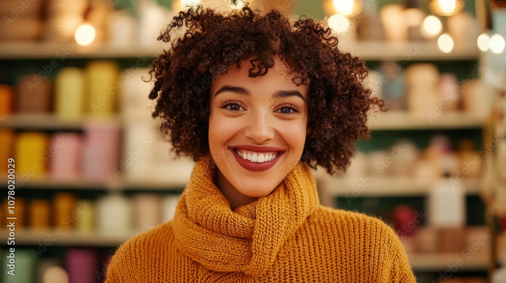 Happy woman with curly hair smiling in a shop. Happy woman with curly hair smiling in a shop.