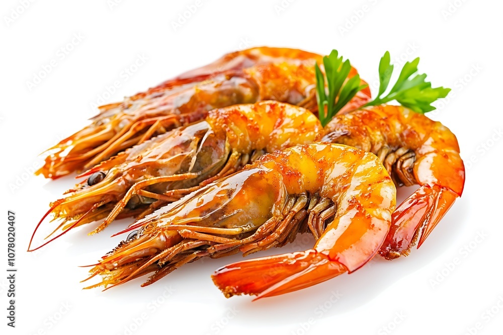 Fried Shrimps with lemon sauce and herbs. Isolated on White Background Fried Shrimps with lemon sauce and herbs. Isolated on White Background