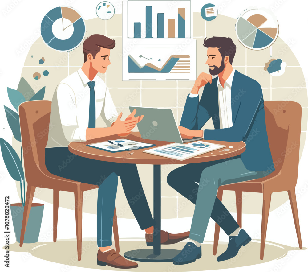 Partners meeting for business discussion with documents and laptop on desk. Couple at round table, speaking, discussing work, partnership. Flat vector on a white background Partners meeting for business discussion with documents and laptop on desk. Couple at round table, speaking, discussing work, partnership. Flat vector on a white background