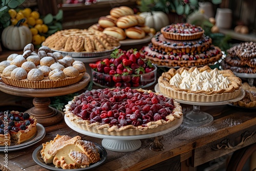 Festive Thanksgiving Table with Pies Cakes and Autumn Decorations