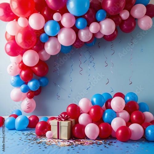  party scene adorned with an array of balloons in shades of red, pink, and blue cascading from a soft blue backdrop. In the foreground, a heap of balloons spills across the floor, while scattered conf photo