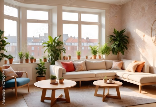 Scandinavian living room interior design zoom background,Doodle patterned wallpaper graphics