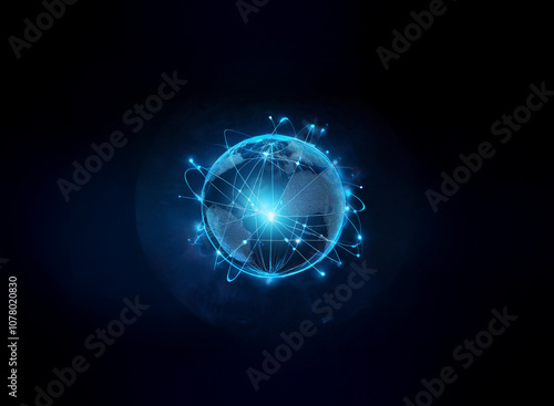 A glowing blue globe with connecting lines and dots, a symbol of global connection and digital technology.