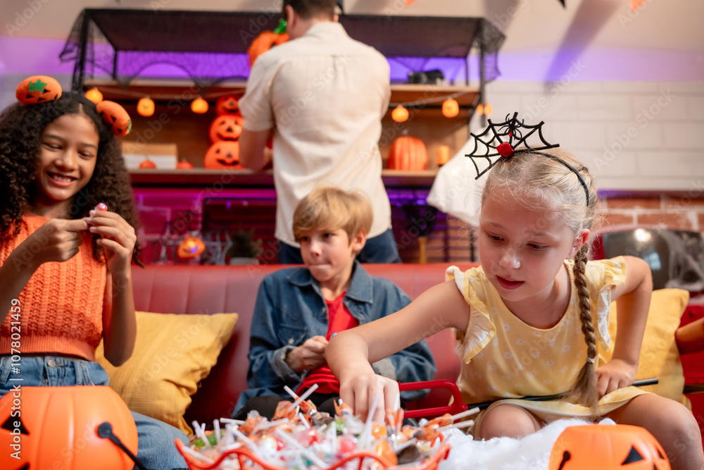 Fototapeta premium Multiracial family celebrating Halloween party together in house. 