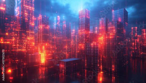 Neon Cityscape: A Futuristic Metropolis Illuminated by Red Glowing Lights