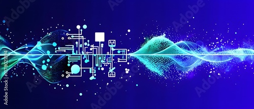digital waveforms and circuits converging to form abstract symbols of various sports, then dispersing into flowing particles
