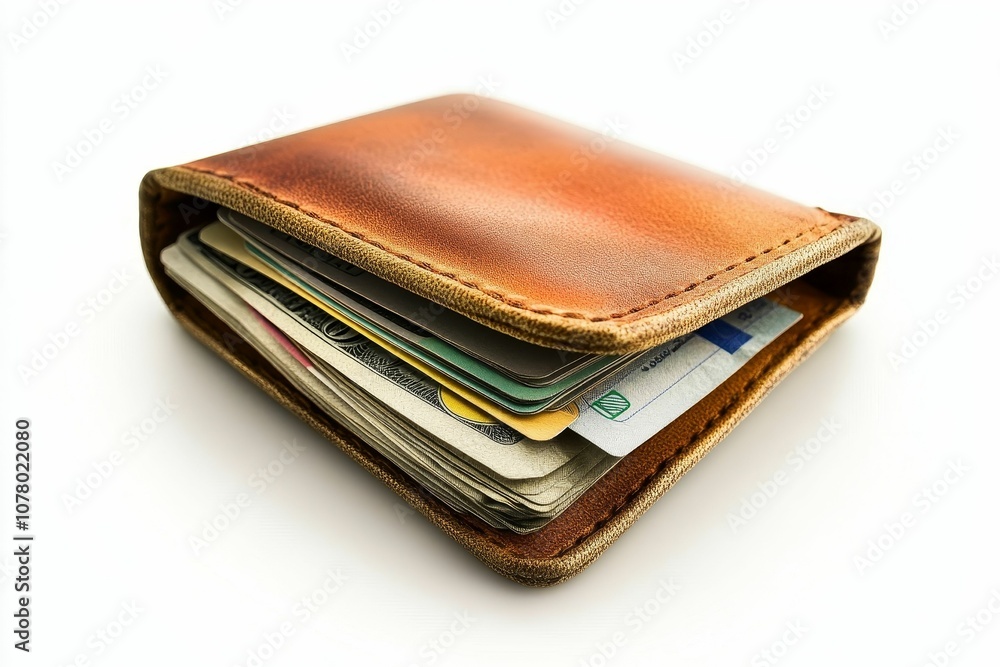 Leather wallet full of cash and cards. Leather wallet full of cash and cards.